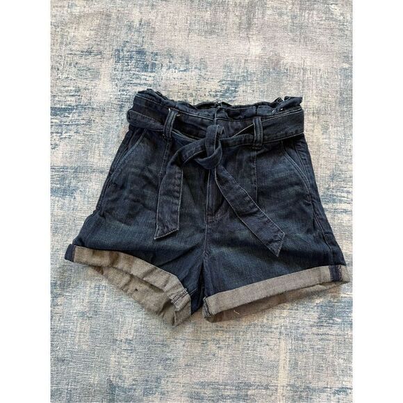 Express Super High Rise Dark Wash Belted Shortie Cuffed Denim Shorts Size 2 - Picture 1 of 7